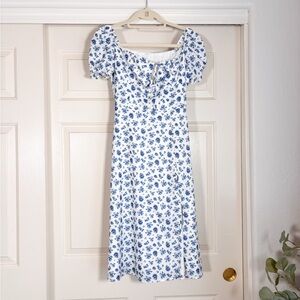 Blue Floral Square Neck Puff Sleeve Boho Midi Dress w/Leg Slit